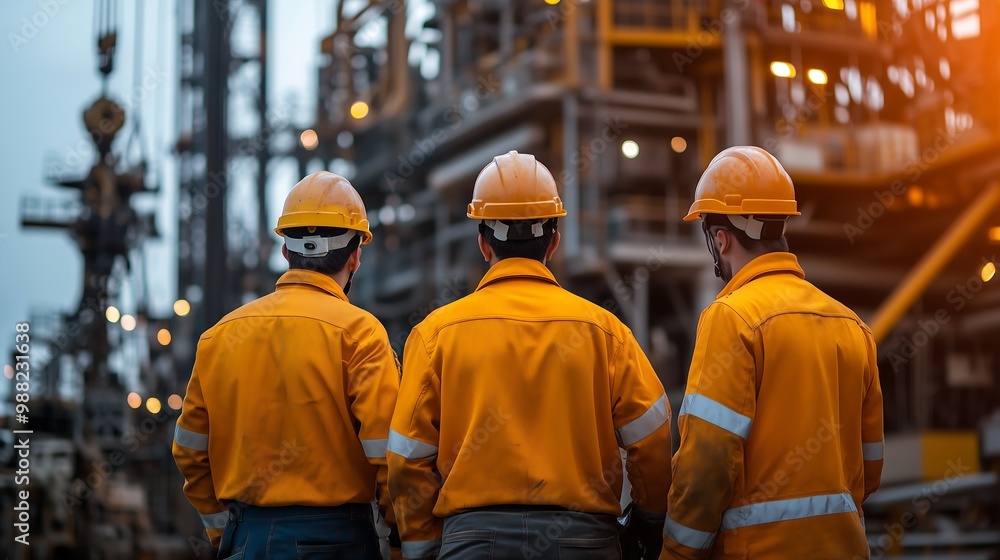 Oil and gas workers in clean uniforms, gathered around equipment in an industrial site Oil and gas workers in clean uniforms, gathered around equipment in an industrial site