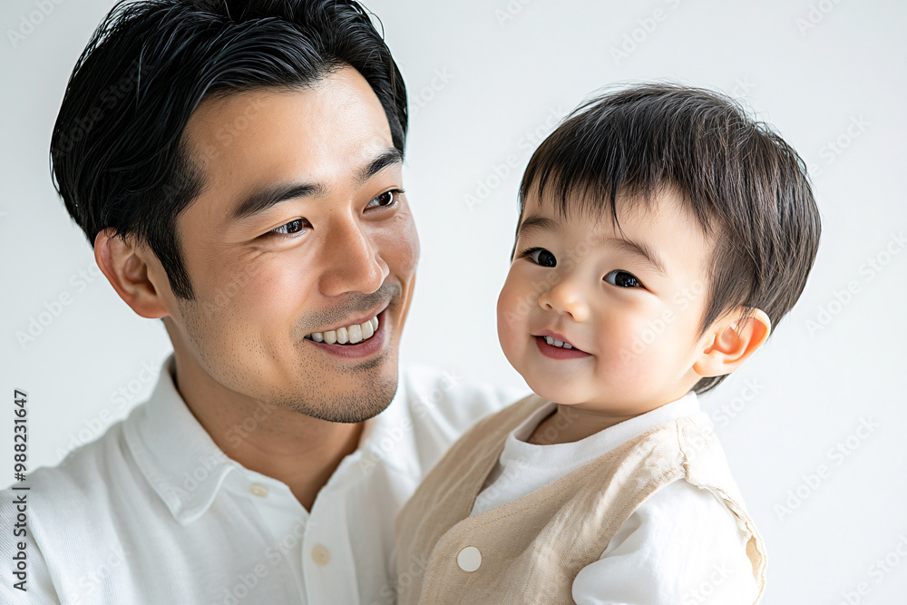 Loving father and young son smiling and sharing joyful moments, either looking at each other or at the camera, in a cozy white studio setting, capturing heartwarming family interactions. Loving father and young son smiling and sharing joyful moments, either looking at each other or at the camera, in a cozy white studio setting, capturing heartwarming family interactions.