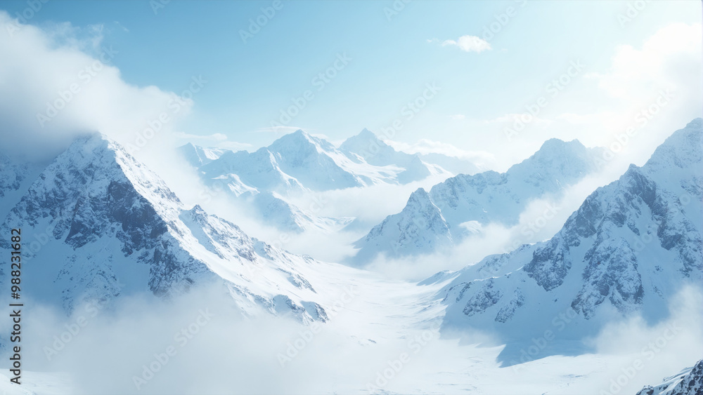 Majestic snowy mountain range with clouds and clear blue sky in winter Majestic snowy mountain range with clouds and clear blue sky in winter