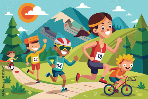 Energetic cartoon characters race joyfully along a winding path surrounded by mountains and trees under a bright sun.
