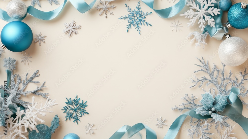 Tranquil Winter Wonderland Christmas Flat Lay with Blue and Silver Decorations on Cream Background Tranquil Winter Wonderland Christmas Flat Lay with Blue and Silver Decorations on Cream Background