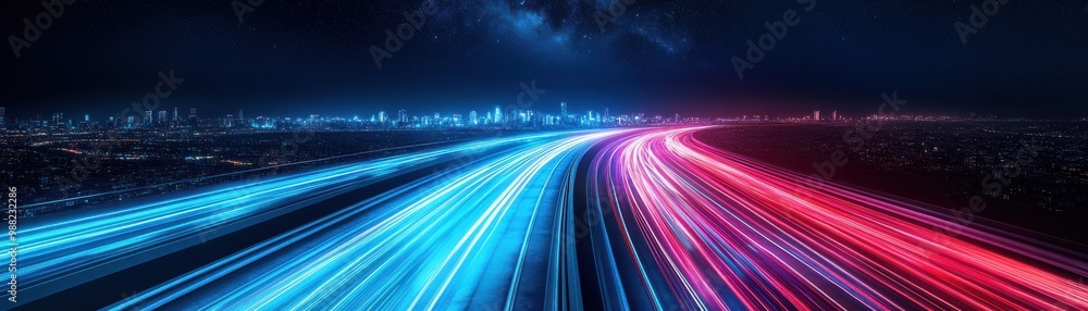 A vibrant night scene capturing the motion lights of vehicles along a city road, showcasing energy and speed in urban life. A vibrant night scene capturing the motion lights of vehicles along a city road, showcasing energy and speed in urban life.