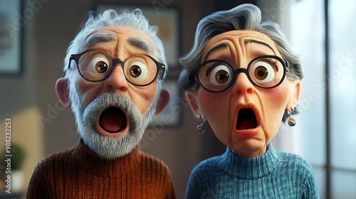 Surprised Senior Couple 3D Illustration