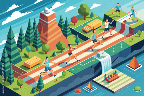 Athletes compete in a colorful cross country race surrounded by trees, hills, and a water feature in an engaging isometric illustration.