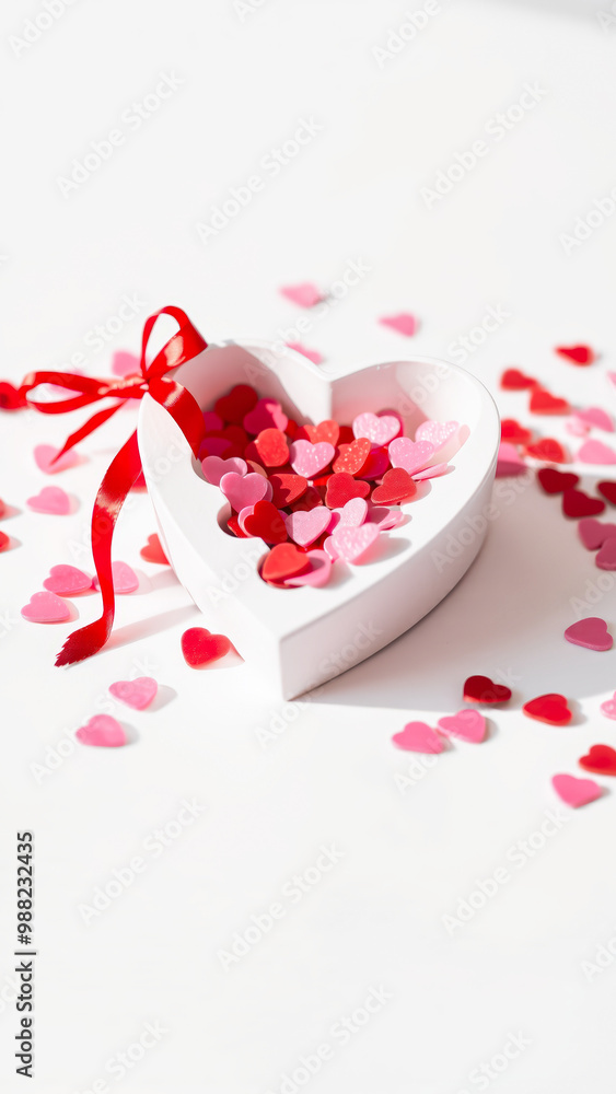 Heart-Shaped Bowl Filled with Pink and Red Hearts on White Background Heart-Shaped Bowl Filled with Pink and Red Hearts on White Background