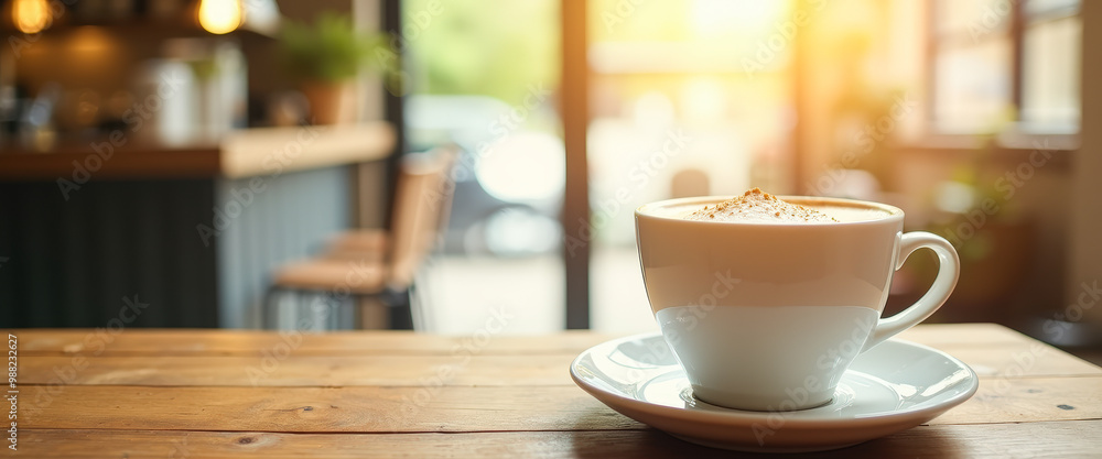 Cappuccino on wooden table in a coffee shop Cappuccino on wooden table in a coffee shop