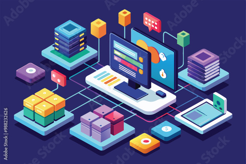 A vibrant digital workspace showcases customizable isometric design elements for cross-platform software development.