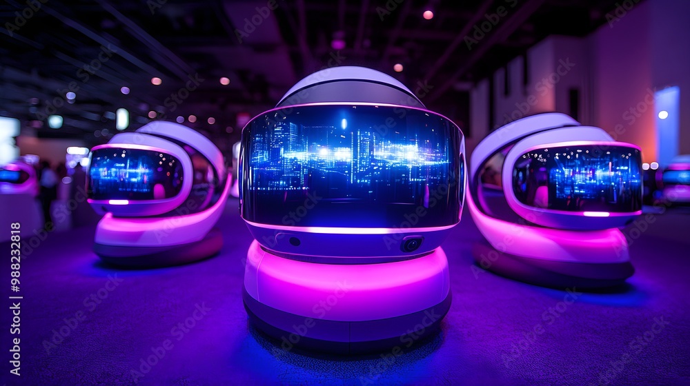 Circular exhibit of augmented reality headsets at a tech expo, futuristic lighting illuminating the devices, holographic projections showcasing their capabilities Circular exhibit of augmented reality headsets at a tech expo, futuristic lighting illuminating the devices, holographic projections showcasing their capabilities