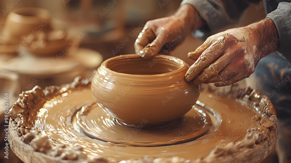Circular formation of pottery wheels, artists working in harmony, shaping their clay with focus and precision, warm studio environment, natural light filling the space Circular formation of pottery wheels, artists working in harmony, shaping their clay with focus and precision, warm studio environment, natural light filling the space