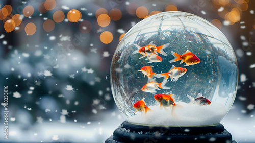 Vibrant goldfish swimming inside a clear glass bowl, creating a beautiful and serene underwater scene, perfect for home decor and aquatic life lovers, showcasing peaceful fish photography