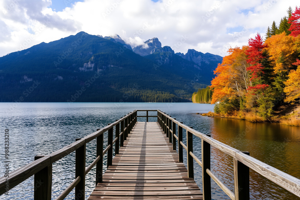 Tranquil Lake and Wooden Pier Surrounded by Mountains.generative AI Tranquil Lake and Wooden Pier Surrounded by Mountains.generative AI