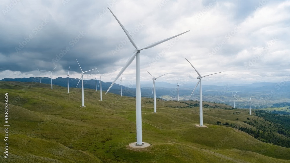 Aerial view of wind turbines on a green hillside, showcasing renewable energy and sustainable technology against a cloudy sky. Aerial view of wind turbines on a green hillside, showcasing renewable energy and sustainable technology against a cloudy sky.