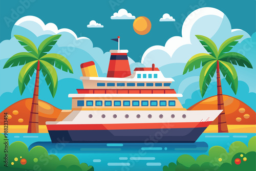 A vibrant cartoon cruise ship is navigating calm waters, surrounded by lush palm trees and a scenic tropical island under a sunny sky.