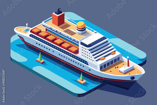 A colorful cruise ship is docked, featuring a sunny deck and vibrant containers, surrounded by calm waters and small green landmasses.