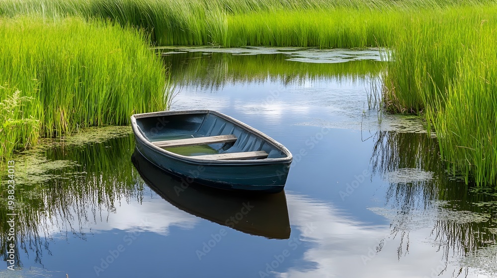 Serene boat on calm waterway in lush greenery. Serene boat on calm waterway in lush greenery.