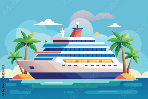 A large cruise ship rests in calm waters surrounded by palm trees, under a bright sky, inviting relaxation and adventure on the open sea.