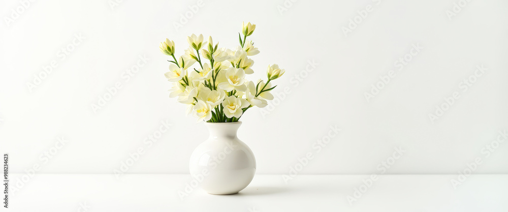 White flowers in a white vase on a white background White flowers in a white vase on a white background