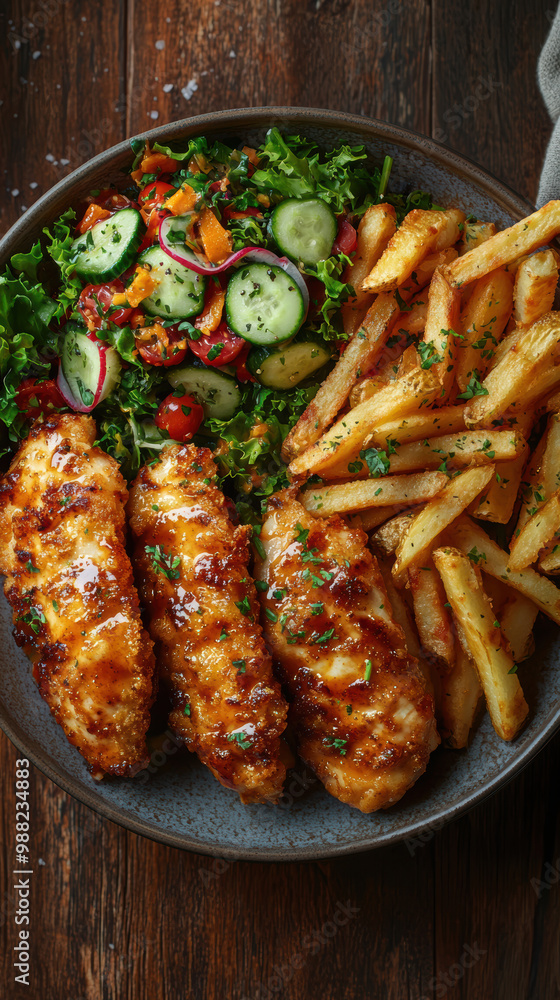 a plate of crispy, golden chicken tenders and seasoned fries. AI generative. a plate of crispy, golden chicken tenders and seasoned fries. AI generative.