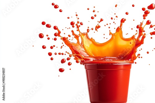 Abstract splash of hot sauce, with vibrant red and orange tones against a clean white background for a dynamic effect photo