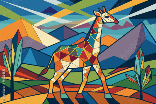 A cubist giraffe is prominently featured against a backdrop of geometric mountains and a vivid sky, showcasing a blend of colors and shapes.
