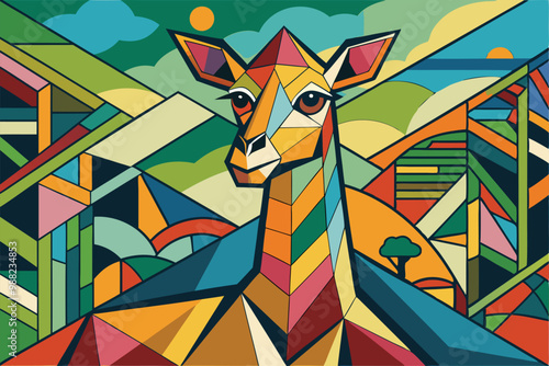 A striking cubist painting of a giraffe features bold colors and geometric shapes against a vivid background of mountains and trees at dusk.