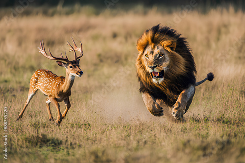 a lion chasing a deer