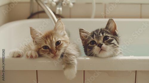 Adorable kittens relaxing in a white bathtub, looking curious and playful ,Cute black and orange kittens in a cozy home bathroom setting, perfect for lovers of adorable pet photography and animal port