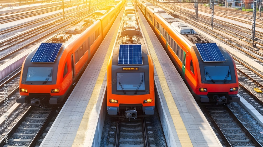Fototapeta premium Three modern solar trains at sunset.