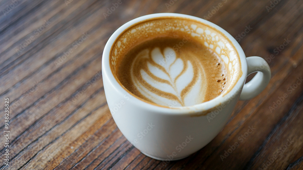 Obraz premium Top view latte art coffee on wood background