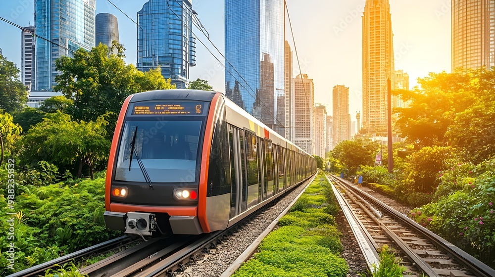 Naklejka premium Train traveling through urban landscape