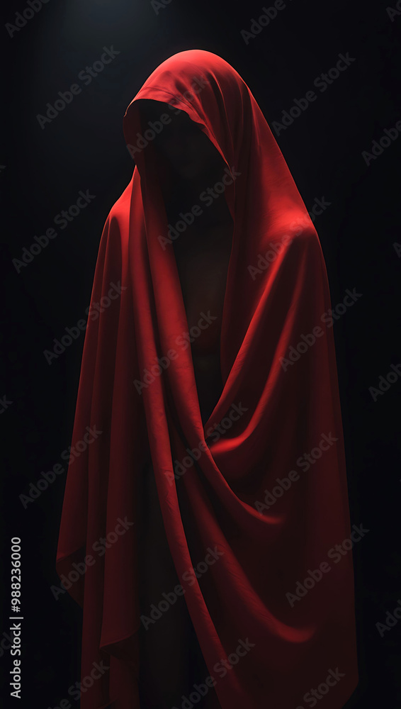 A woman wrapped in a red cloth on dark background A woman wrapped in a red cloth on dark background