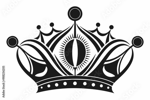 Asymmetrical black-and-white vector illustration of a royal crown with pointed tips and round orbs at the top. Beautiful crown silhouette vector art illustration