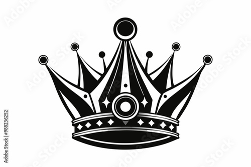 Asymmetrical black-and-white vector illustration of a royal crown with pointed tips and round orbs at the top. Beautiful crown silhouette vector art illustration