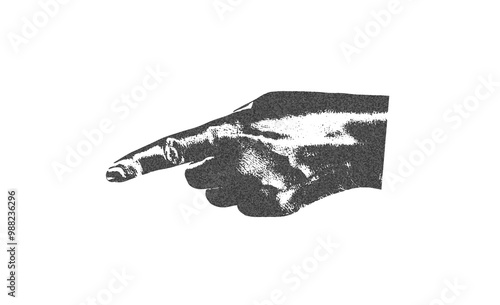 Grainy pointing hand retro photocopy effect, vector stipple black dots texture, human palm finger gesture grunge art