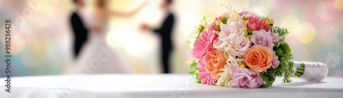 Elegant wedding bouquet in soft focus, symbolizing love and celebration with a romantic backdrop of a couple dancing.