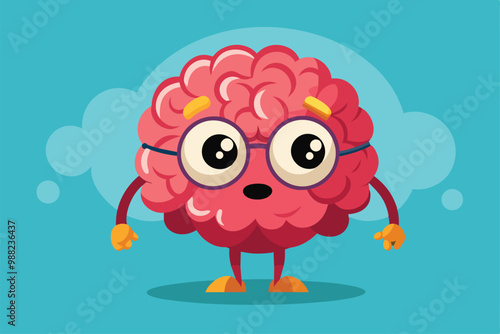 A cute, cartoonish brain character wearing glasses stands confidently, symbolizing curiosity and creativity against a simple blue backdrop.