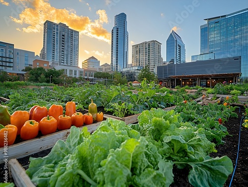 Urban garden with vegetables and skyscrapers photo