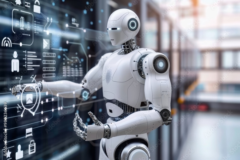 Futuristic Robot Interacting with High Tech Interface, Touchscreen, Data Analysis Concept Futuristic Robot Interacting with High Tech Interface, Touchscreen, Data Analysis Concept