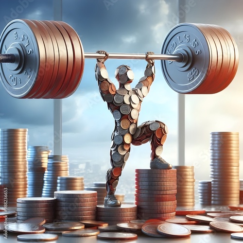 Financial Fitness. A person Lifting a barbell made of coins, representing financial strength