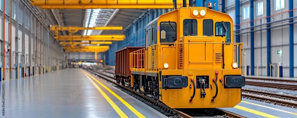 Industrial railway facility with a yellow rail tug on tracks, modern transportation infrastructure and efficient cargo movement Industrial railway facility with a yellow rail tug on tracks, modern transportation infrastructure and efficient cargo movement