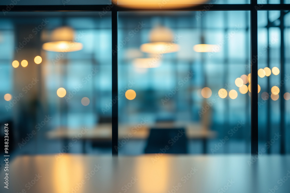 This image shows a blurry office space with lights and tables This image shows a blurry office space with lights and tables