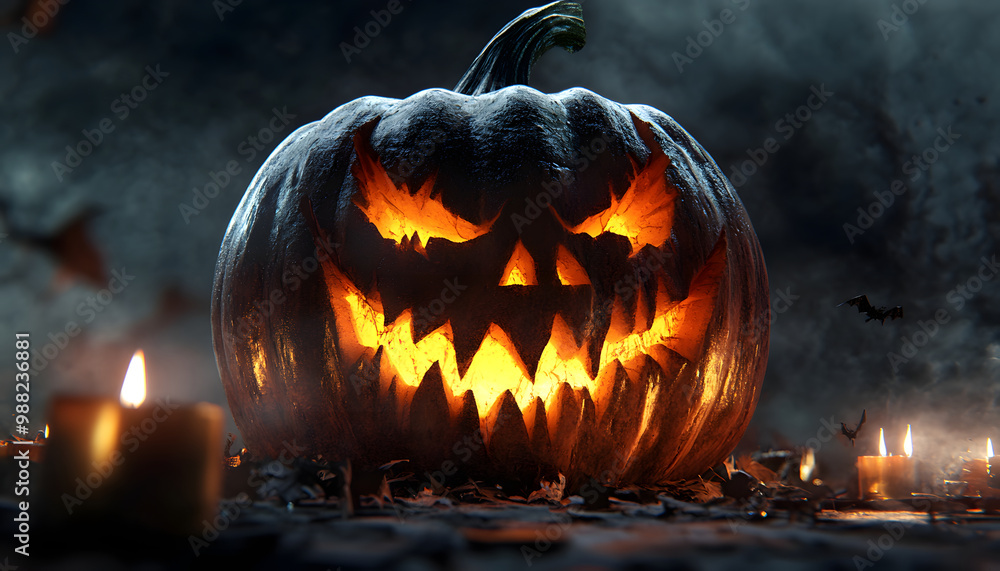 Naklejka premium A detailed carving of a pumpkin with a menacing face, surrounded by flickering candles on Halloween night