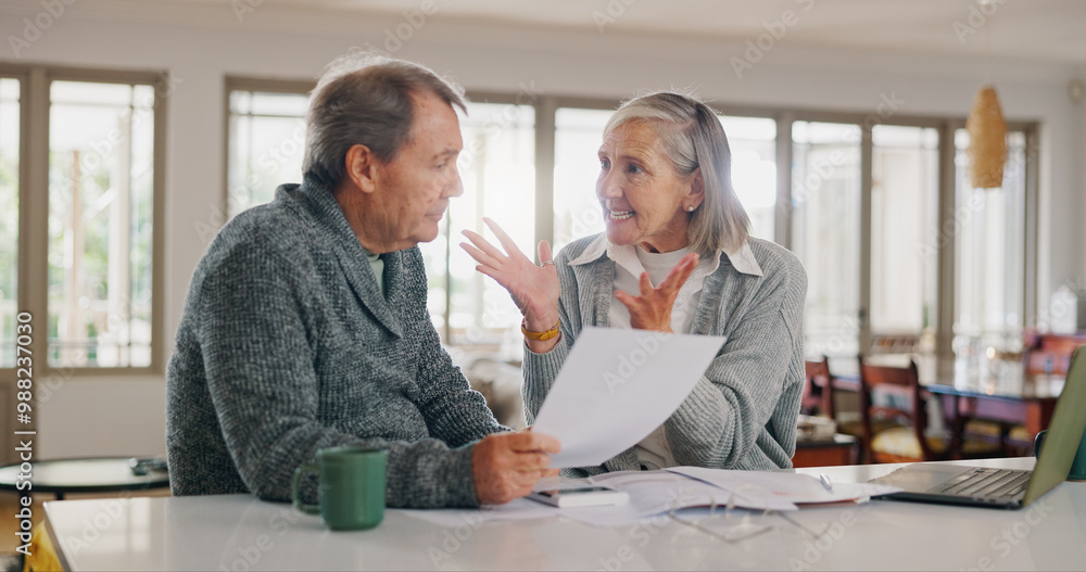 Obraz premium Paperwork, argument and senior couple with stress for retirement, budgeting and financial crisis. Elderly people, fight and frustrated with documents for healthcare, insurance debt or pension at home
