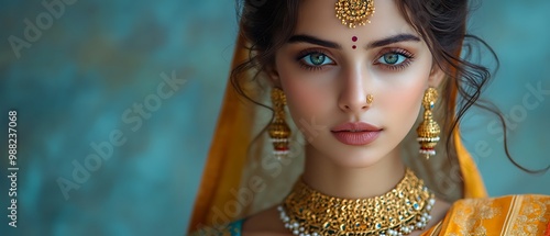 Beautiful woman with traditional Indian jewelry and bindi. photo