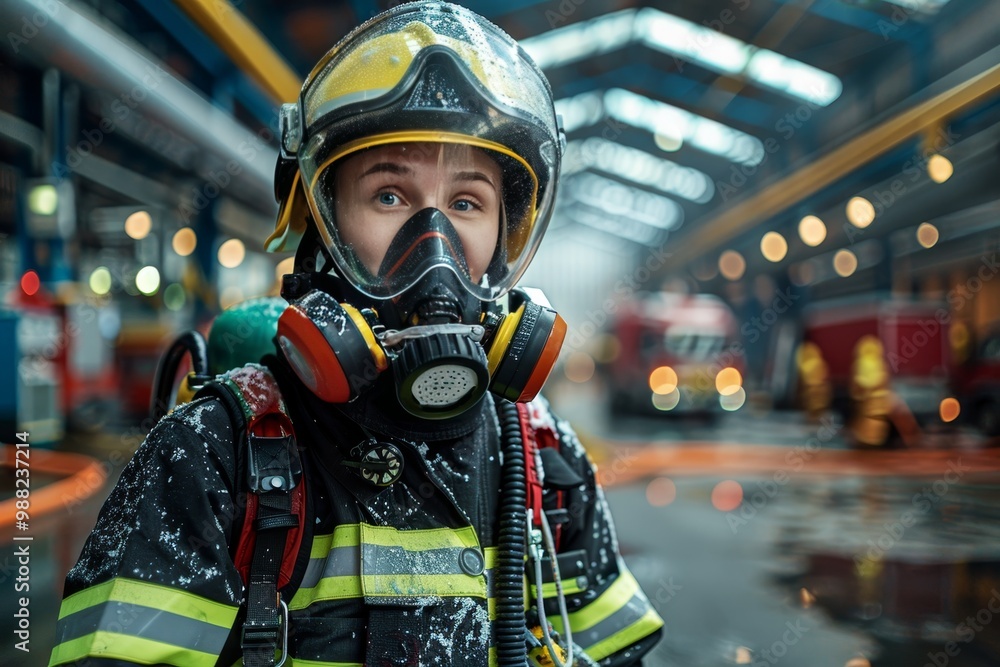 Firefighter Woman in Full Gear Standing Inside the Fire Station Garage, Portrait of a Female Fireman Firefighter Woman in Full Gear Standing Inside the Fire Station Garage, Portrait of a Female Fireman