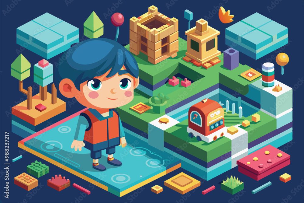 A young child engaged in a vibrant, customizable isometric landscape, interacting with bright blocks and playful structures in a creative setting. A young child engaged in a vibrant, customizable isometric landscape, interacting with bright blocks and playful structures in a creative setting.