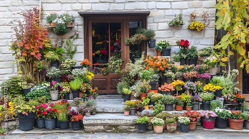 Vibrant flower pots at a charming entrance