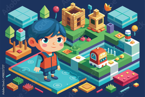 A young child engaged in a vibrant, customizable isometric landscape, interacting with bright blocks and playful structures in a creative setting.