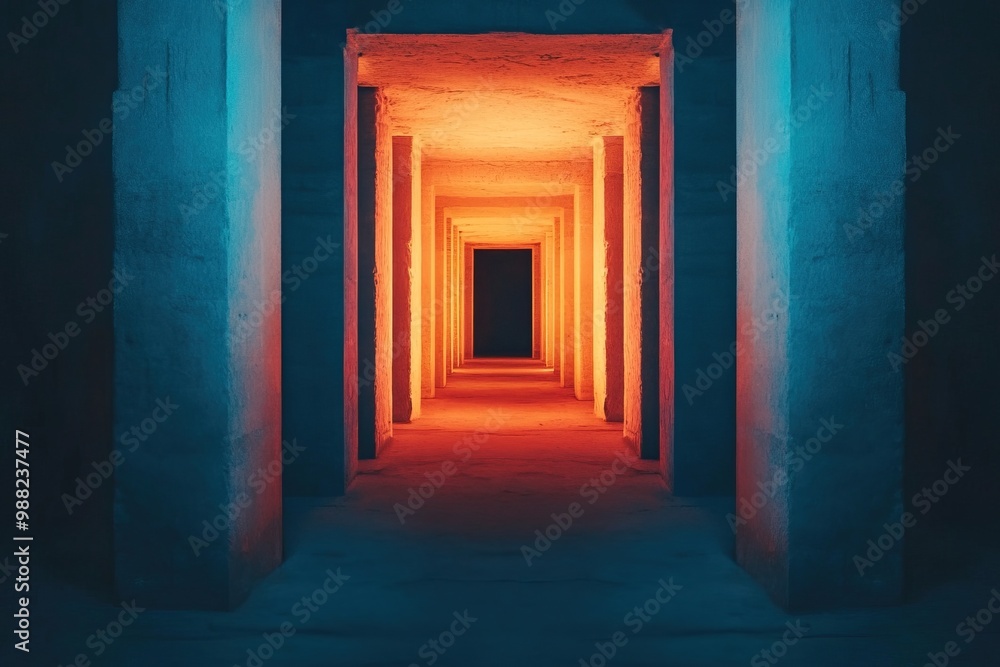 Fototapeta premium A mesmerizing corridor illuminated with vibrant orange and blue hues, leading to a dark void, creating a captivating architectural visual.