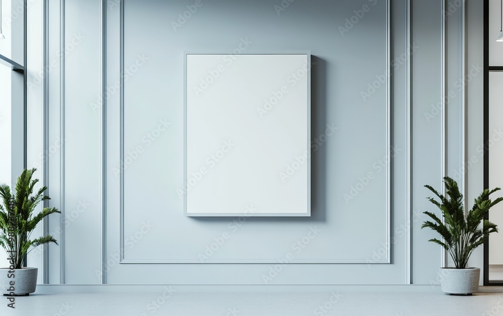 A minimalist gallery showcasing a blank canvas on a light gray wall with indoor plants, perfect for art presentations. A minimalist gallery showcasing a blank canvas on a light gray wall with indoor plants, perfect for art presentations.